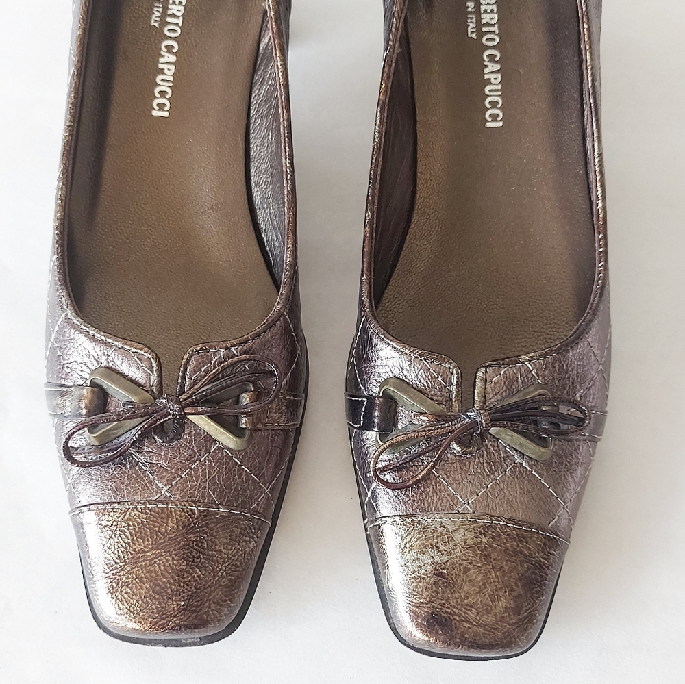 Roberto Capucci Shoes Women Size 8 Bronze Gold Low Heel Bow Tie Comfort Slip-on - Picture 5 of 13